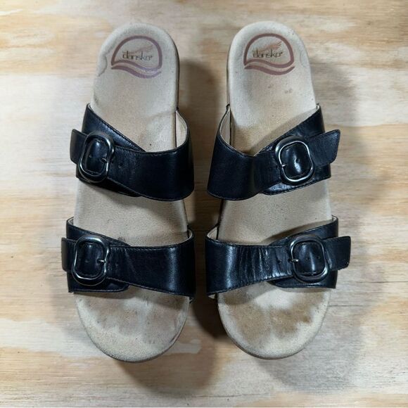 Dansko Black Leather Wedge Sandals Women’s Size 8.5 - Picture 2 of 9